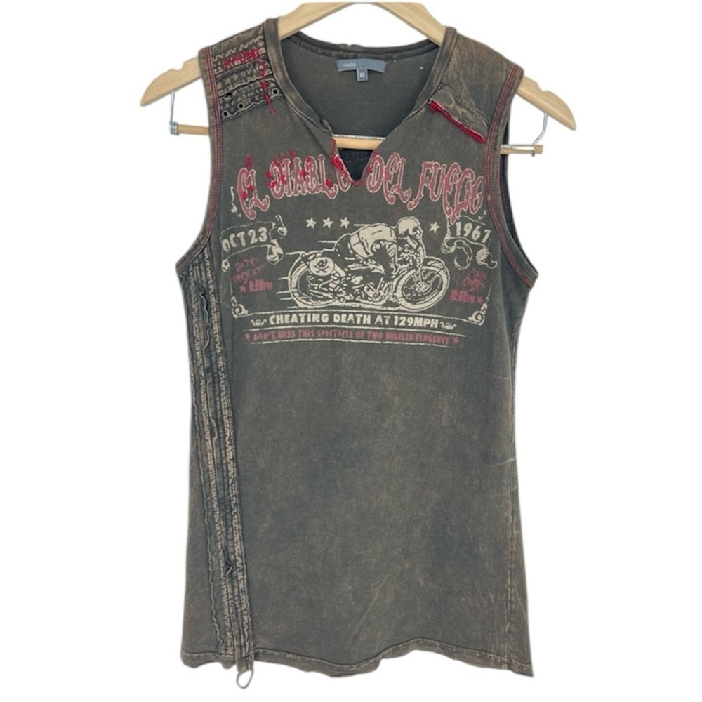 Vince. Grunge biker El Diablo Del Fuego Tank Top Shirt Sleeveless Distressed Vtg